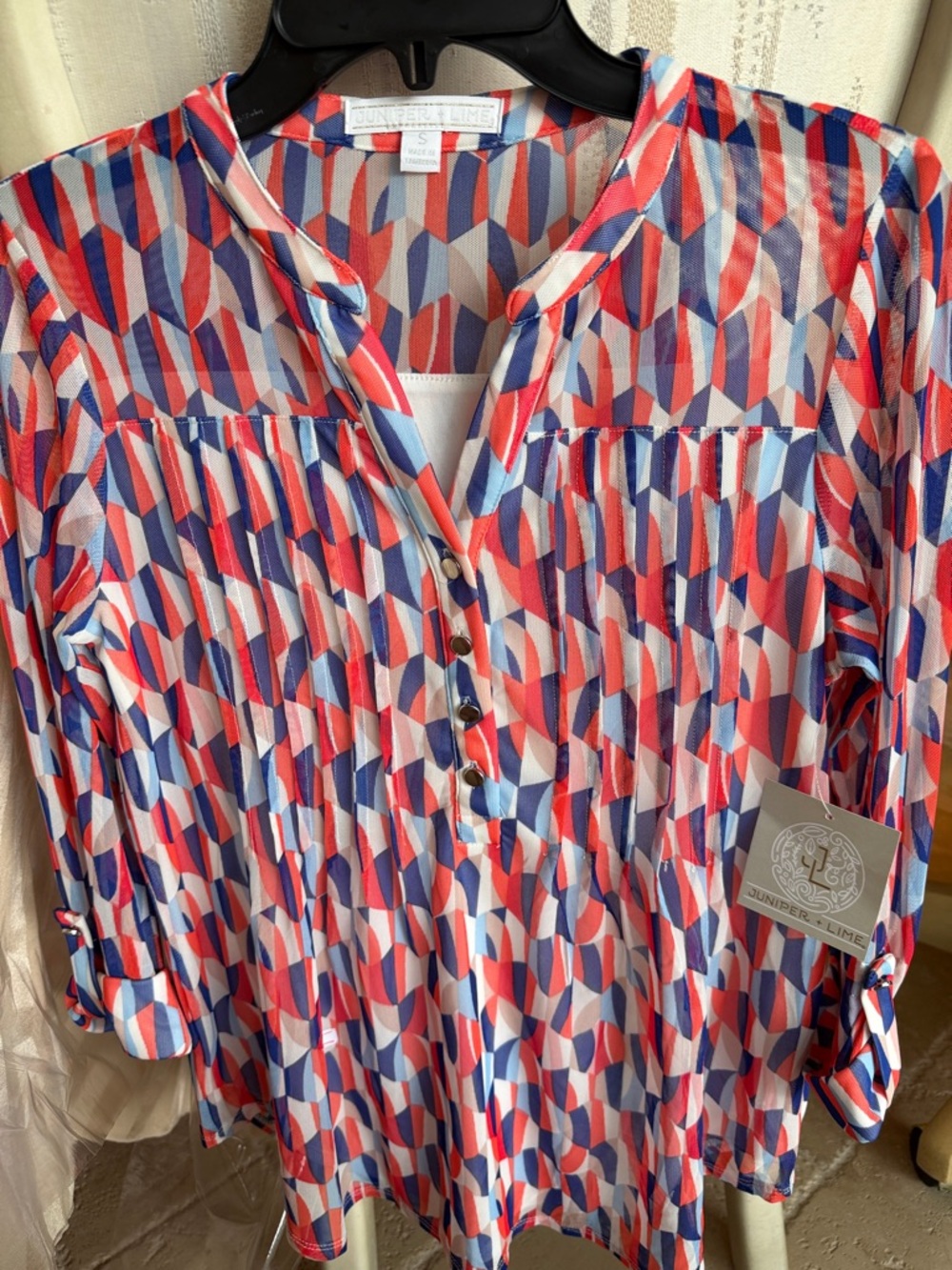 Juniper & Lime Coral and Blue Geometric Split-Neck Tunic